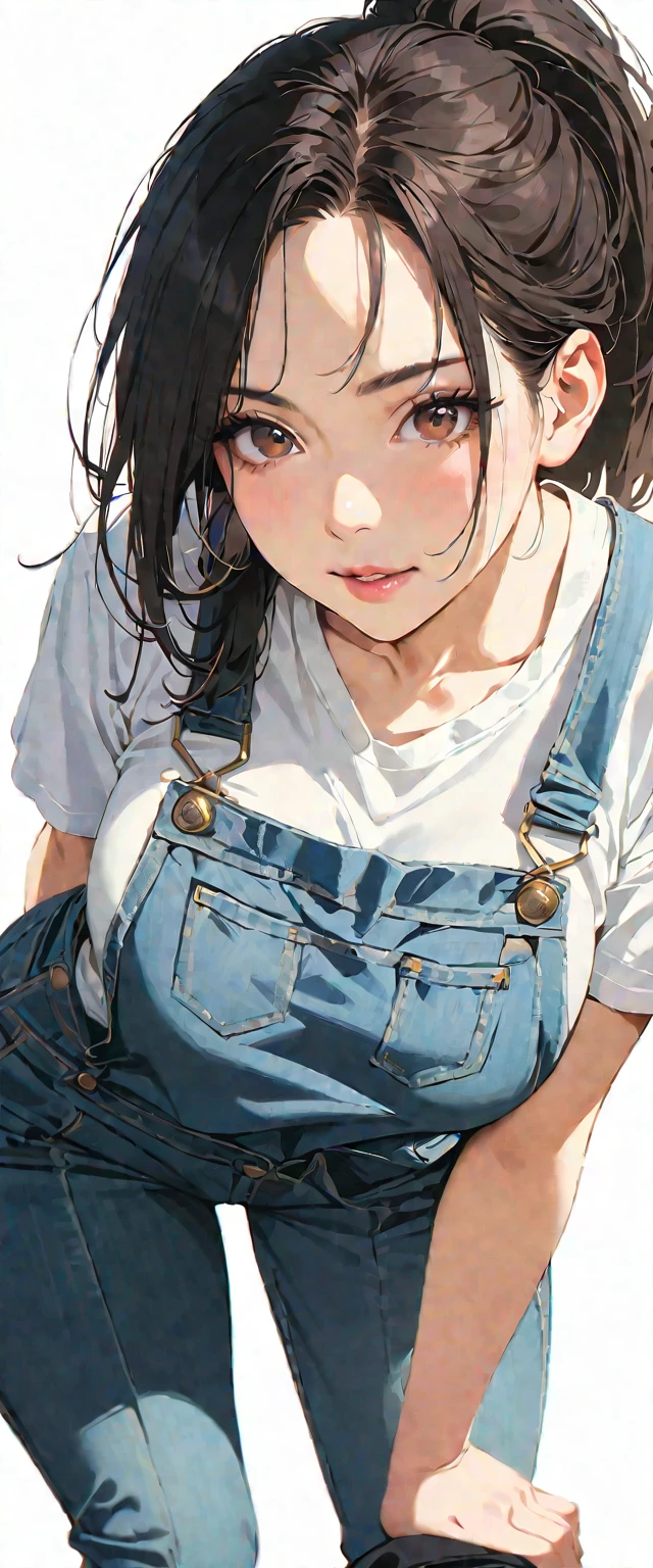 20 years old,1 mature woman,hyperrealistic, 8k, (extremely detailed 8k), (very delicate and beautiful), (masterpiece), (better quality:1.0), (ultra high resolution:1.0), (masterpiece, best quality),cute,black hair,big breasts,ponytail,POV,overalls,full body,white background,leaning forward,