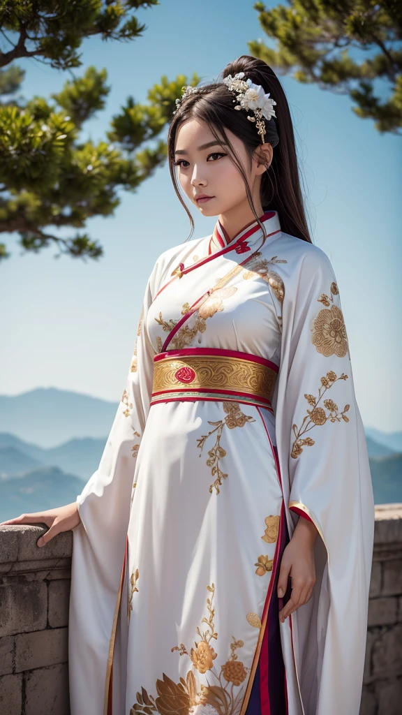 A girl, ancient Chinese costume, whole body, sunshine, clear face, clean white background, masterpiece, super detail, epic composition, ultra HD, high quality, extremely detailed, official art, uniform 8k wallpaper, super detail, 32k