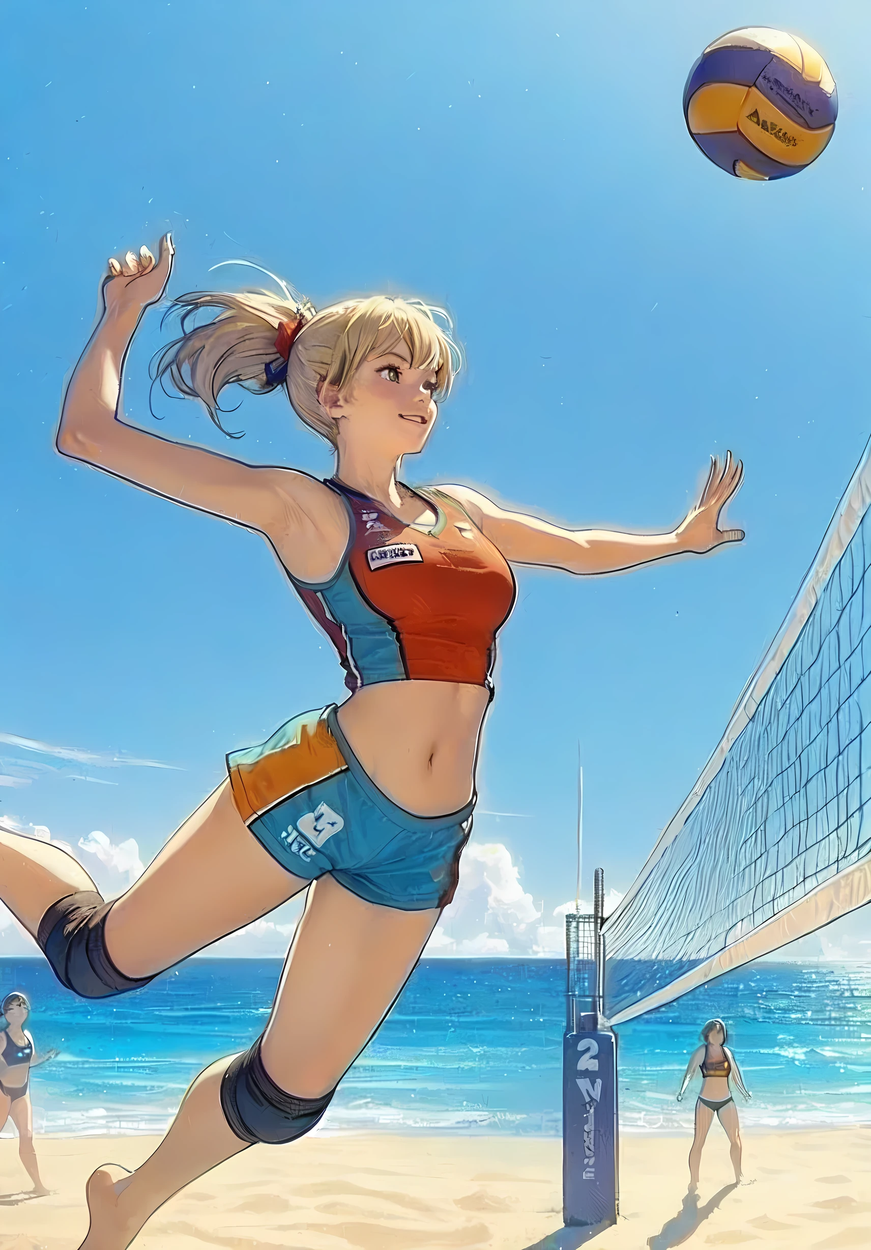 1lady solo, (jumping high) (right next to net), (looking up at ball), (swinging one arm to hit ball) spiking, (dynamic posing), (beach volleyball player), (uniform with company logo) cropped top, (mature female:0.8), /(black hair/) bangs, light smile, (teeth:0.8), (masterpiece best quality:1.2) delicate illustration ultra-detailed, medium breasts, (muscle:0.6) BREAK (sandy beach) outdoors, (beach volleyball court), (player's footprints), flying sand, blue sky, detailed background