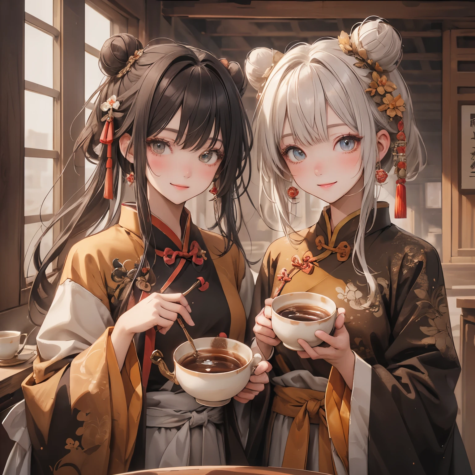 (masterpiece), Highest quality, Ultra-high resolution,Wearing an ochre ribbon、Ocher Hair、ocher eyes、Ocher clothes、(Hairstyle Chinese two buns:1.3)、Chinese clothing、Chinese tea、smile