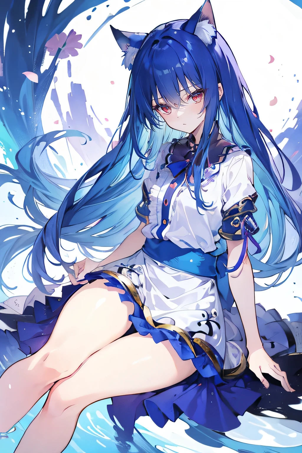 (masterpiece:1.2),Extremely detailed,Practical,expressive eyes,Fair skin,Perfect face shaping,1 Girl,
Japanese cartoons,Gorgeous blue hair, the long flowing blue hair,Floating clothes,Cat ears,Petals fall,beautiful lola,Angel,
Place your hands on your waist,sit elegantly on the ground,Cross your legs,Gentle and peaceful background,open sky。