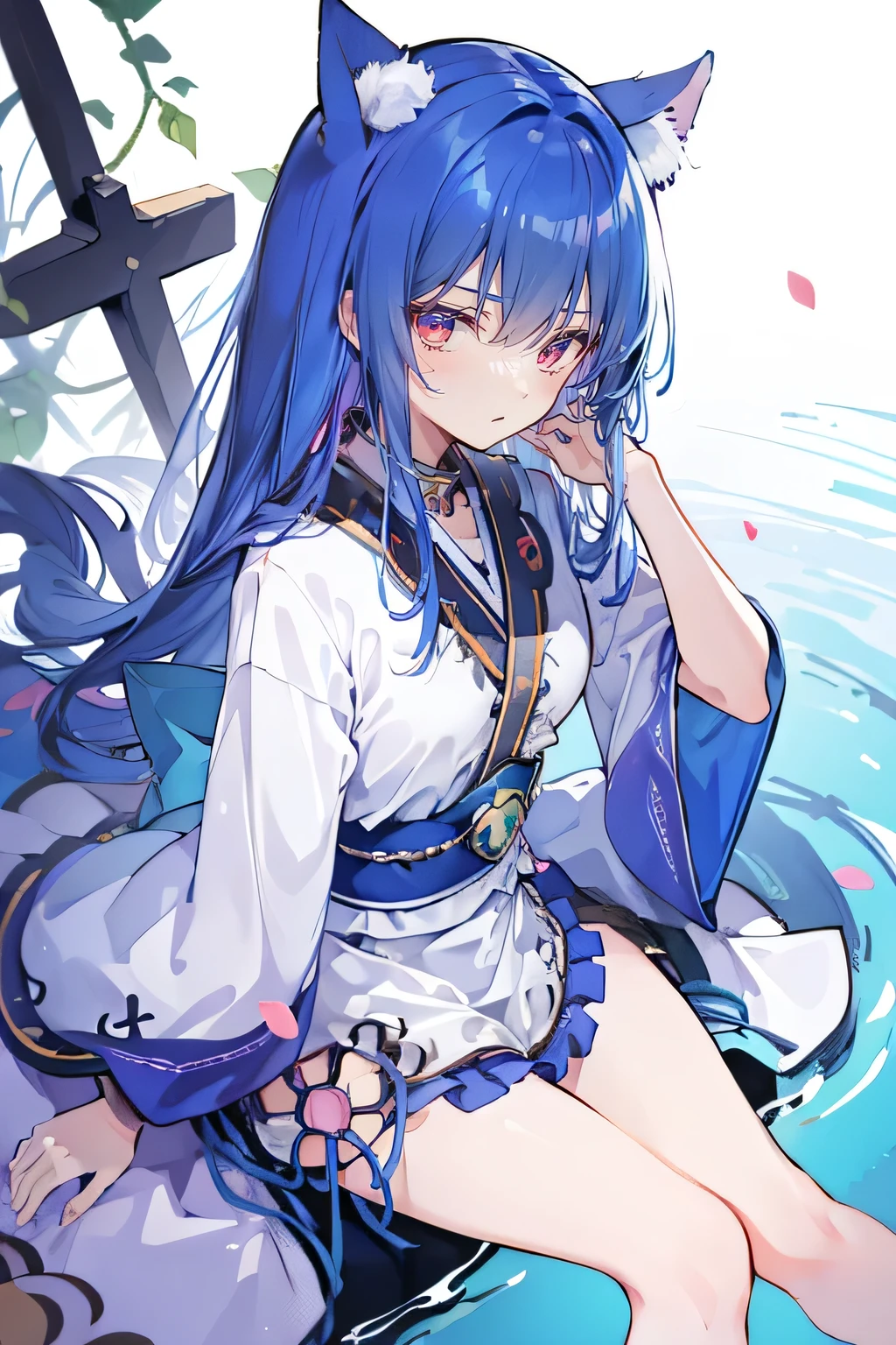 (masterpiece:1.2),Extremely detailed,Practical,expressive eyes,Fair skin,Perfect face shaping,1 Girl,
Japanese cartoons,Gorgeous blue hair, the long flowing blue hair,Floating clothes,Cat ears,Petals fall,beautiful lola,Angel,
Place your hands on your waist,sit elegantly on the ground,Cross your legs,Gentle and peaceful background,open sky。