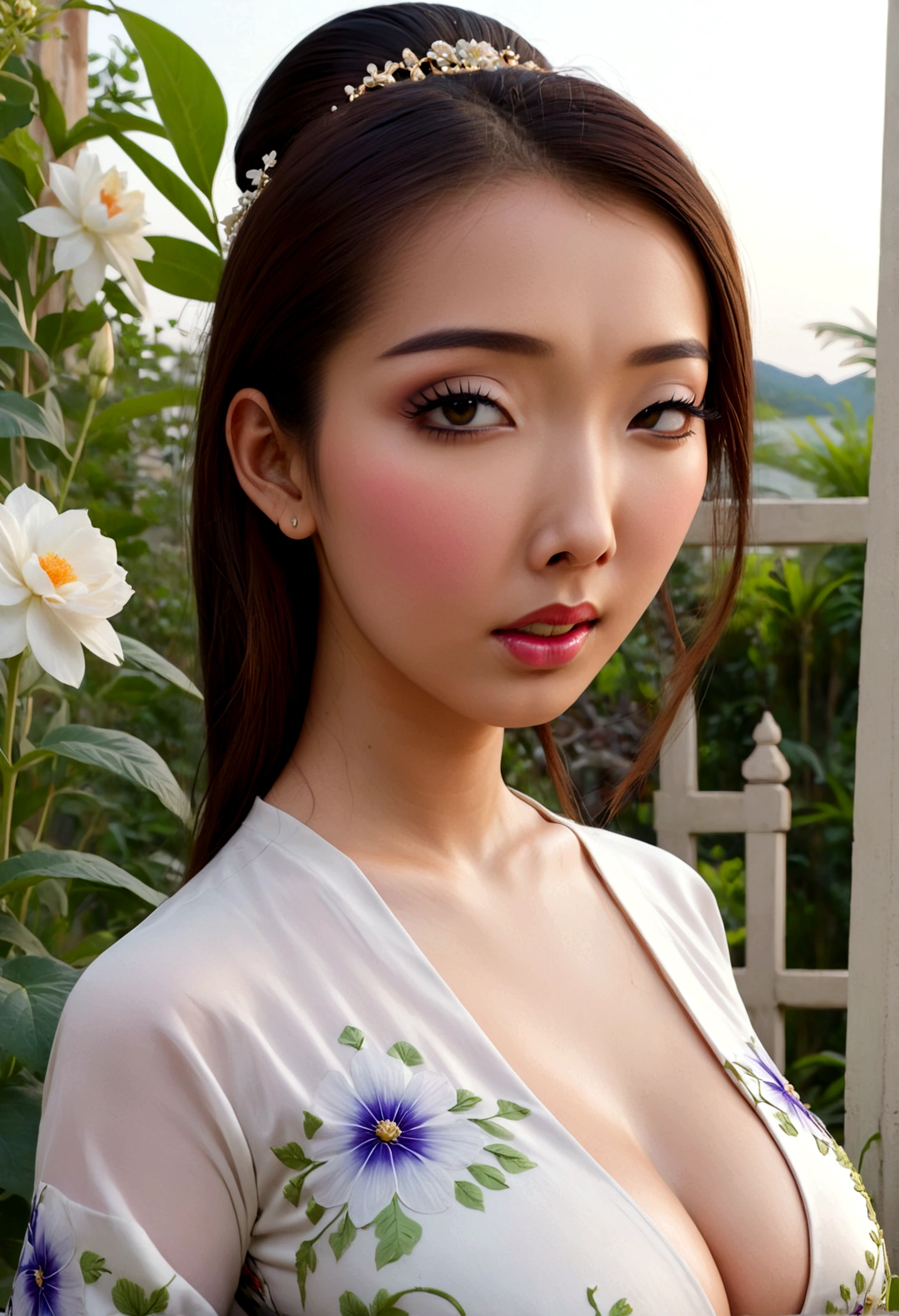 a cute woman, ornate asian dress, split up the thighs, powder white body make up, asian style face makeup, aloof, checking her flower garden, detailed eyes, detailed lips, extremely detailed face, long eyelashes, 1girl, digital illustration, oil painting, 8k, high quality, hyper detailed, photorealistic, studio lighting, physically based rendering, vivid colors, vibrant colors, elegant, refined, graceful, serene, tranquil, peaceful, portrait, asian inspired