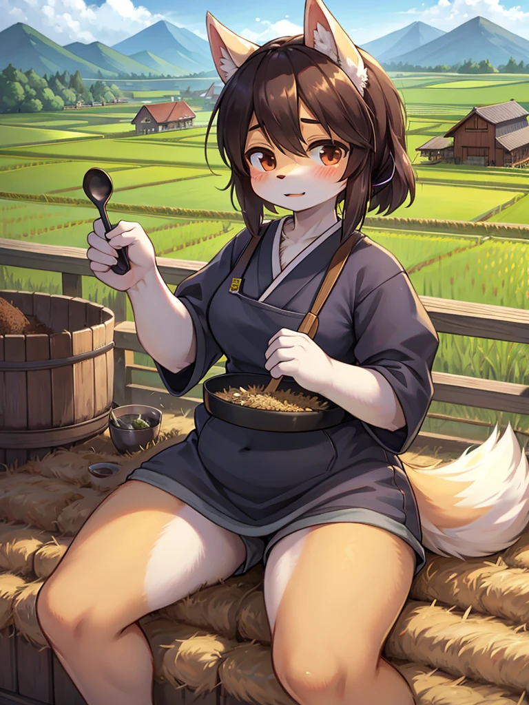 nsfw, (wearing nothing: 1.5), large breasts., 1 girl,, cooking, empty eyes ,, , ahoge, brown hair, , street, shrine, sea, long hair, hair bow, sea,  nipple , wet