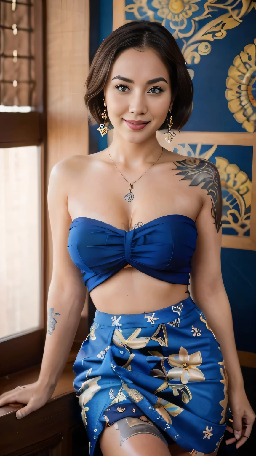 (realistic:1.3), A beauty girl with tattoos on body, beautiful art tattoo detailed, ((text tattoo on her legs: Fuck Me)), detailed beautiful eyes, big breast, cute chubby, , insane detailed, quality, (masterpiece:1.2), (photorealistic:1.2), (best quality), (detailed skin:1.3), (intricate details), ray tracing, ((half body)), (((1girl))), (((1 person))), 20 years old, short hair, smile, blue dress, skirt with pattern, color contrast between the dress and the skirt, skirt pattern, earrings, necklace, Javanese ornament, (blurred background)