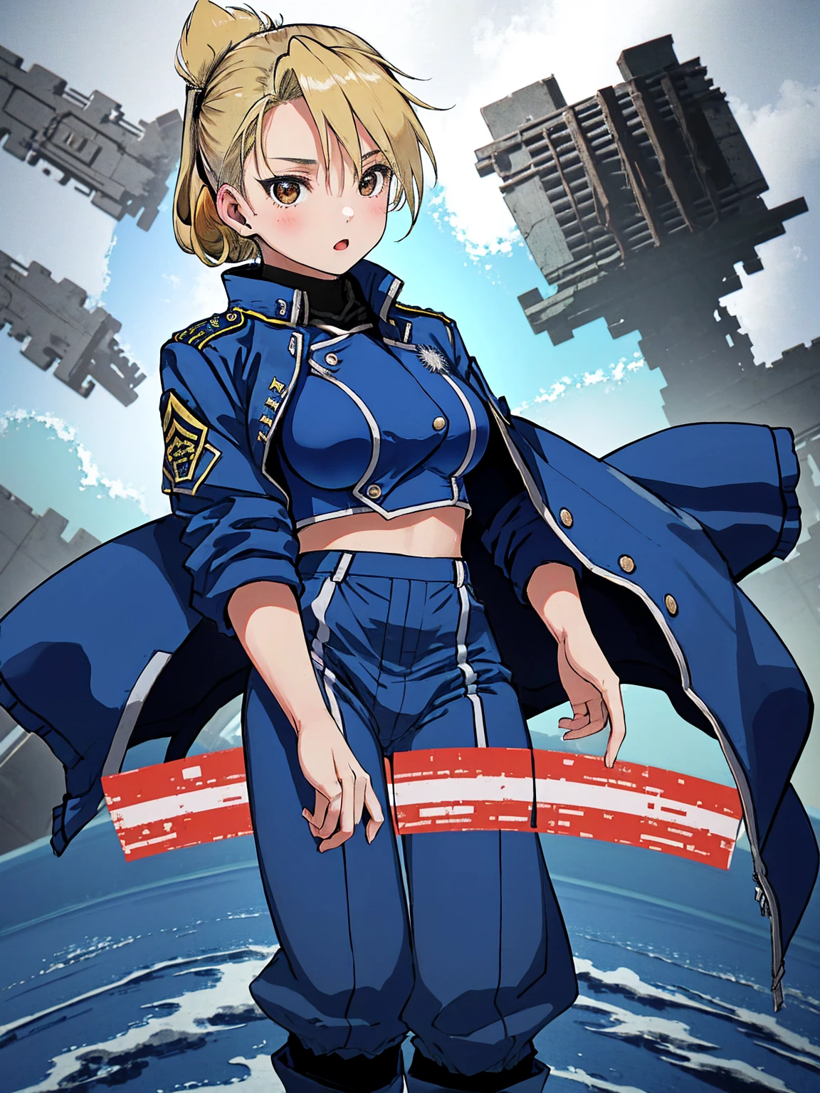 masterpiece, Highest quality, High resolution, One girl, (Blue jacketの下にBlack innerwearを着ている), Folded ponytail, Brown eyes, , (uniform, Blue jacket, Blue pants), ,Big Breasts, Black innerwear, (