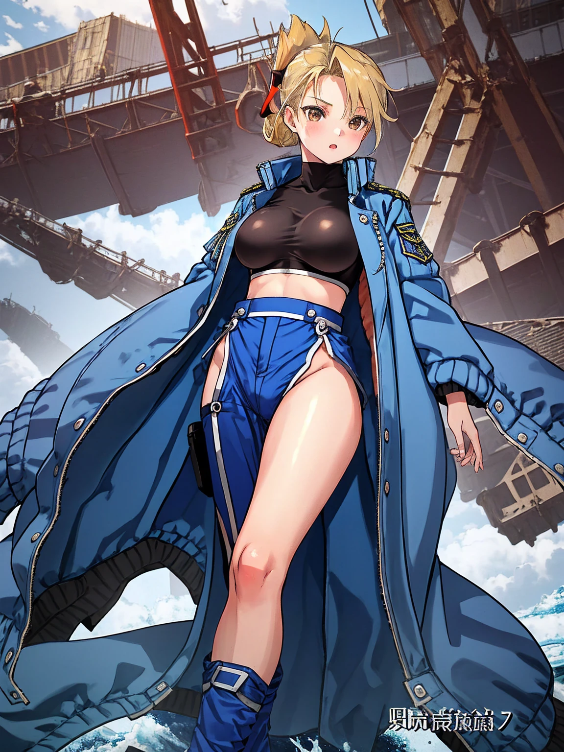 masterpiece, Highest quality, High resolution, One girl, (Blue jacketの下にBlack innerwearを着ている), Folded ponytail, Brown eyes, , (uniform, Blue jacket, Blue pants), ,Big Breasts, Black innerwear, (
