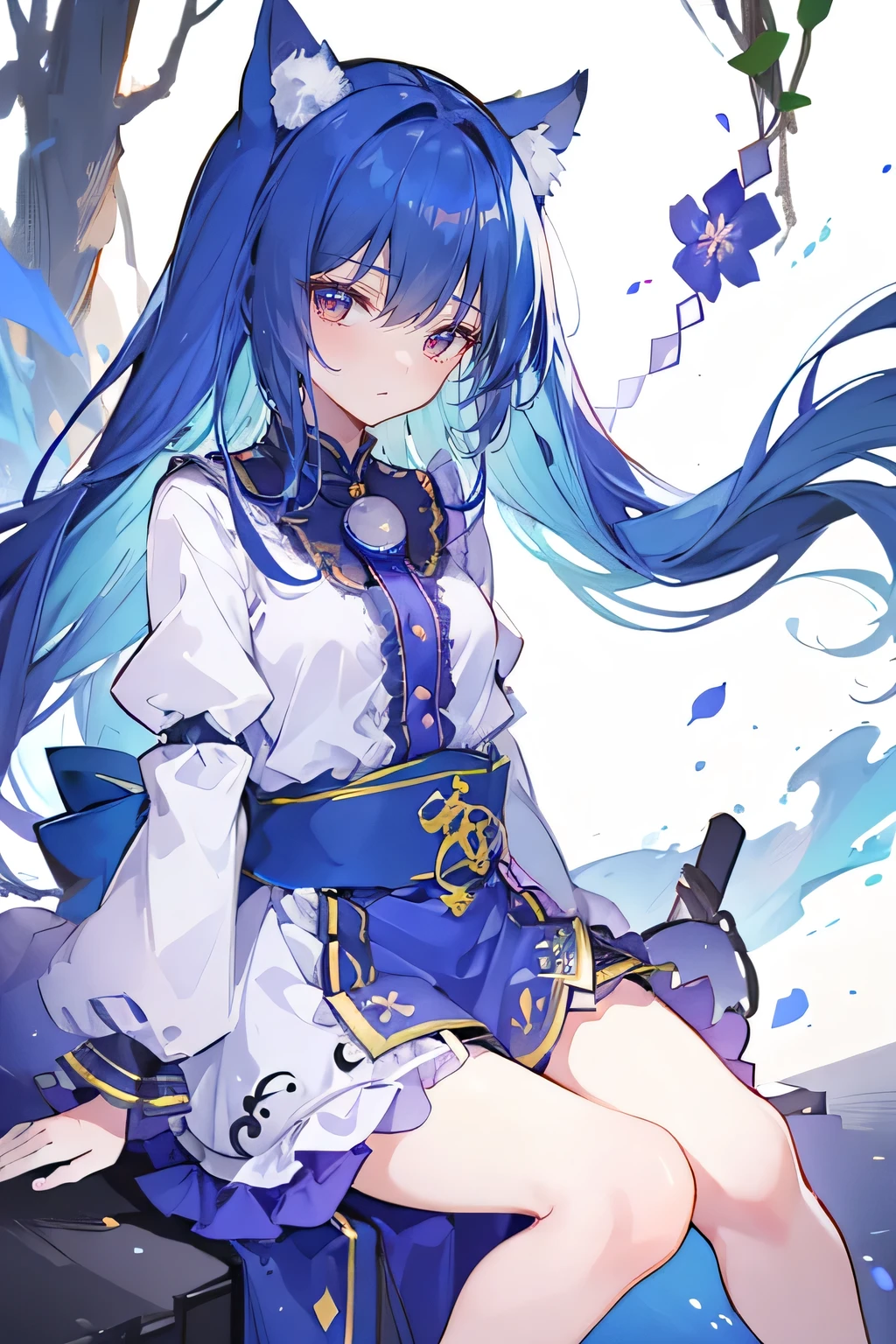 (masterpiece:1.2),Extremely detailed,Practical,expressive eyes,Fair skin,Perfect face shaping,1 Girl,
Japanese cartoons,Gorgeous blue hair, the long flowing blue hair,Floating clothes,Cat ears,Petals fall,beautiful lola,Angel,
Place your hands on your waist,sit elegantly on the ground,Cross your legs,Gentle and peaceful background,open sky。