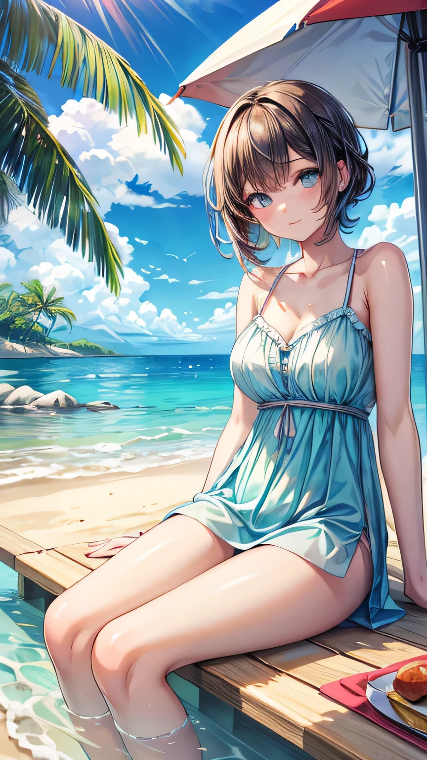 (Best lighting, Best Shadow, masterpiece, high quality), colorful, Vibrant, Summer mood, lots of bright colors, Beautiful woman in light summer clothes, Hair loss, Sit on the clear water and white sand, Bright blue sky.  masterpiece, 最high quality, high quality, High resolution, sexly, 