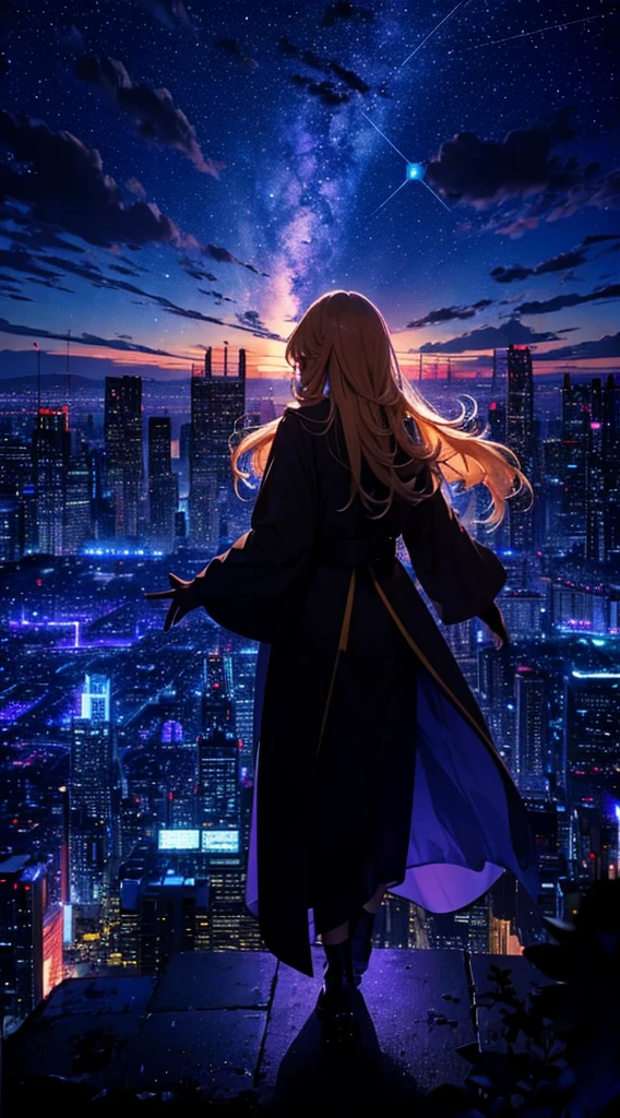 1people々々々々々々,Blonde long-haired woman,Long coat, Dress Silhouette, Rear View,Space Sky, comet, Anime Style, Dancing Petals,Night view of the city from the mountainside,
