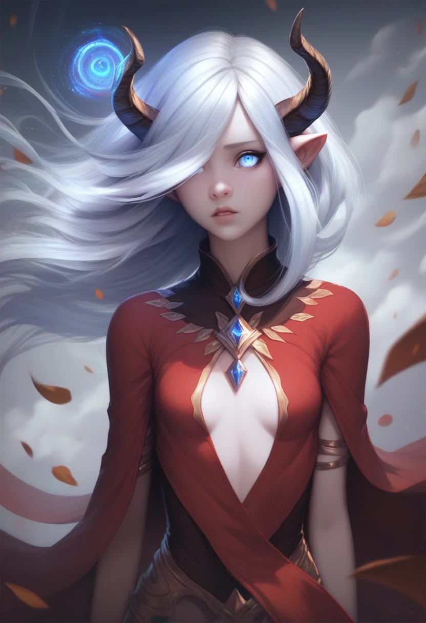 (masterpiece), (best quality), (ultra-detailed), (best illustration),(best shadow),1 woman, thick and wide black horns, short white spiky hair, scene inside an ice castle, stylish winter clothes, wide face, black eyes, white iris, pointy ears, striking red lipstick, blue white skin