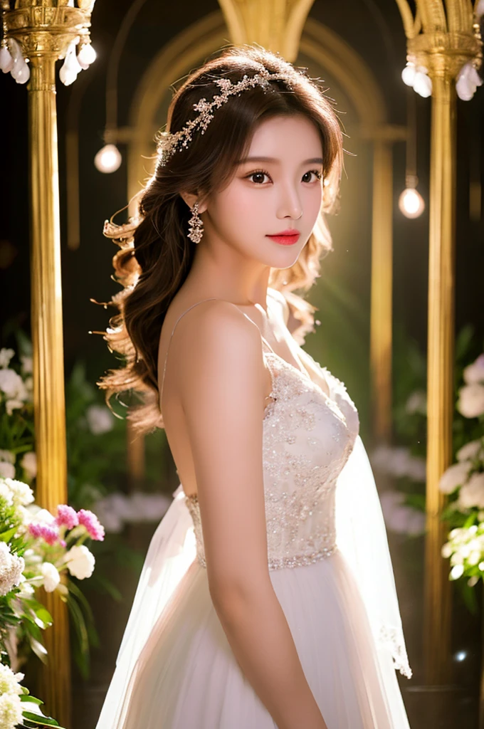 Generate an image of an extraordinarily beautiful 20-year-old Asian woman standing alone, whose beauty rivals that of a goddess of the fire element. She has large brown eyes, dark brown hair, glowing skin, and a captivating appearance. She is wearing a stunning white wedding dress that accentuates her elegance. The woman stands charmingly alone, her beauty appearing as if blessed by nature, in a very romantic and lovely aisle adorned with flowers and soft lighting, exuding a magical and serene atmosphere.
