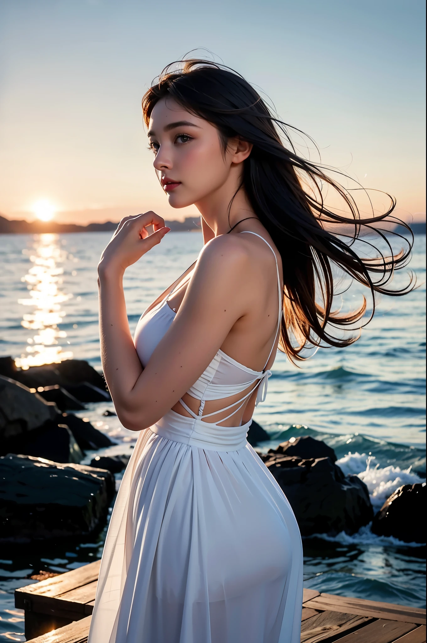 (Front focus), (masterpiece, top quality, the best, official art, Beauty and Aesthetics: 1.2), 1 girl lying on beach chair look up at the night sky, sad, Sitting by the sea, beach, night, look up, Sunset, Sunset, Looking at the sky absentmindedly, Wear a long skirt, White long skirt, (Half-length photo: 1.5), dynamic poses, original photo, contemporary aesthetics, Bright light, Backlight, original photo, sharp focus, realistic feeling, movie lighting, Volumetric lighting,