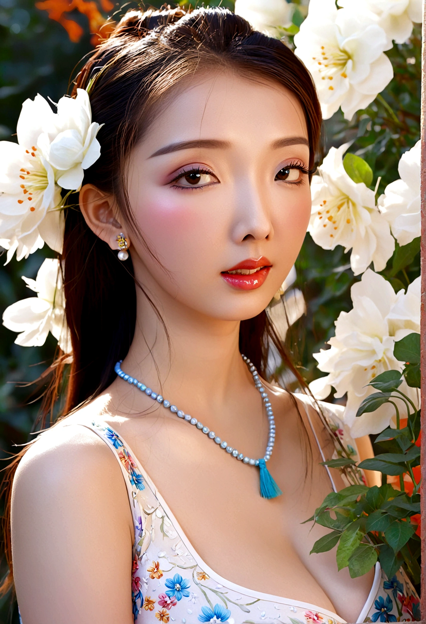 a cute woman, ornate asian dress, split up the thighs, powder white body make up, asian style face makeup, aloof, checking her flower garden, detailed eyes, detailed lips, extremely detailed face, long eyelashes, 1girl, digital illustration, oil painting, 8k, high quality, hyper detailed, photorealistic, studio lighting, physically based rendering, vivid colors, vibrant colors, elegant, refined, graceful, serene, tranquil, peaceful, portrait, asian inspired
