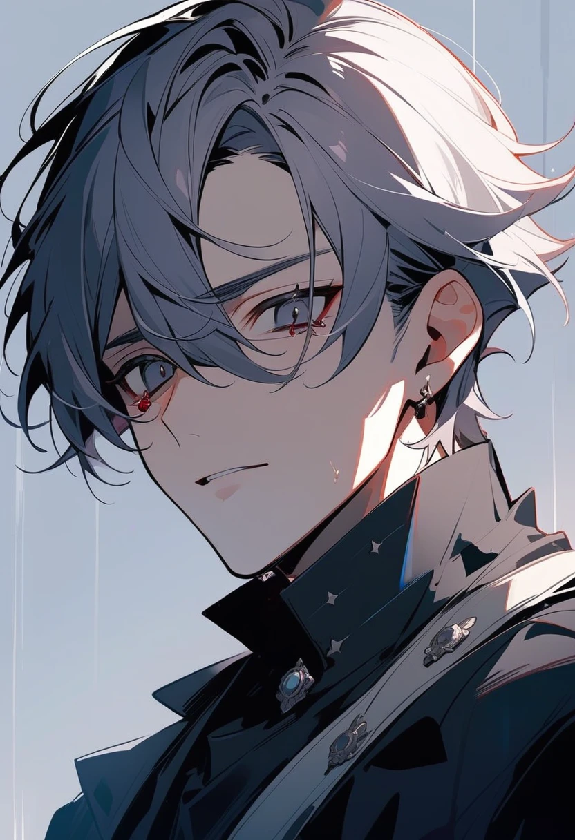 [1 man,half body,look at the viewer,cry for,Make a sad face,Emotionless,Gray hair,dark eyes,