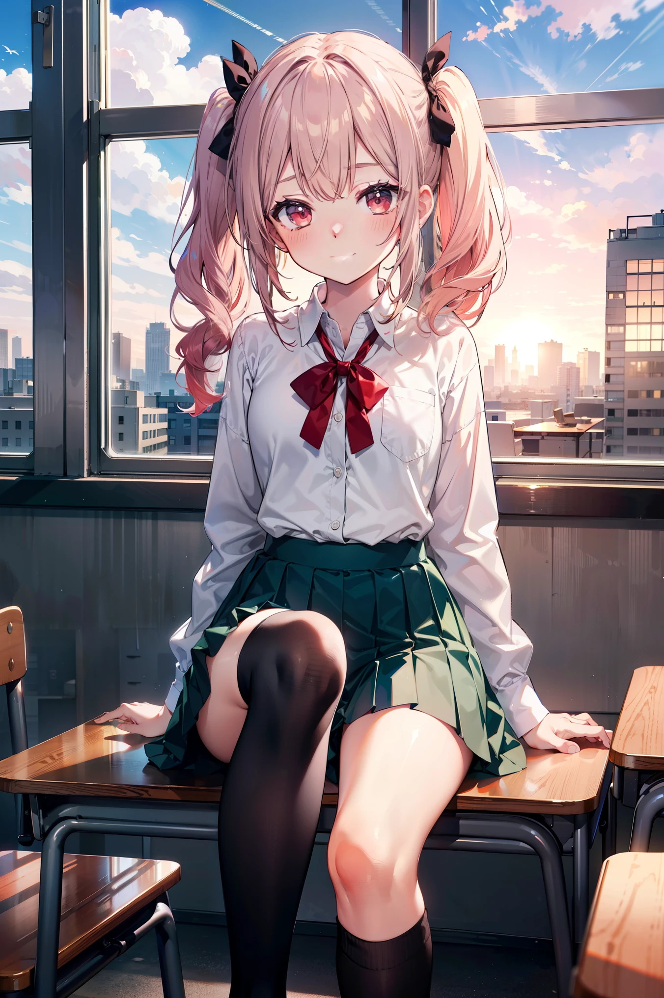 (masterpiece), (Highest quality), (figure), (Beautiful details), (High resolution), One girl, alone, View your viewers,
Sitting, 
sunset, (school uniform), 
Long Hair, Red eyes, Low twin tails,
ribbon, White shirt, (green) skirt, Black knee socks, 
smile, blush,
indoor, window, [building], classroom, table, Chair, (coffee:0.5)