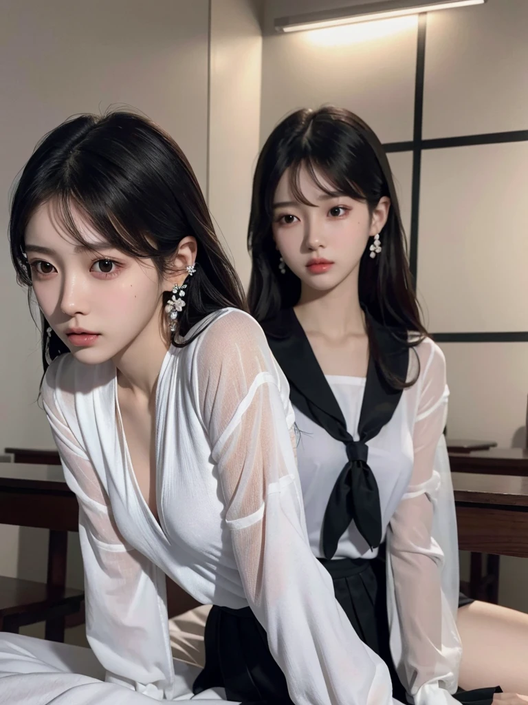 absurdres, RAW photo, extremely delicate and beautiful, masterpiece, Best Quality, ultra high resolution, 32k, hyperrealistic, ultra-detailed, delicate facial features, beautiful detailed woman, tearful mole, earring, medium breasts, ((full body shot)), medium hair, black hair, Korean school_uniform,