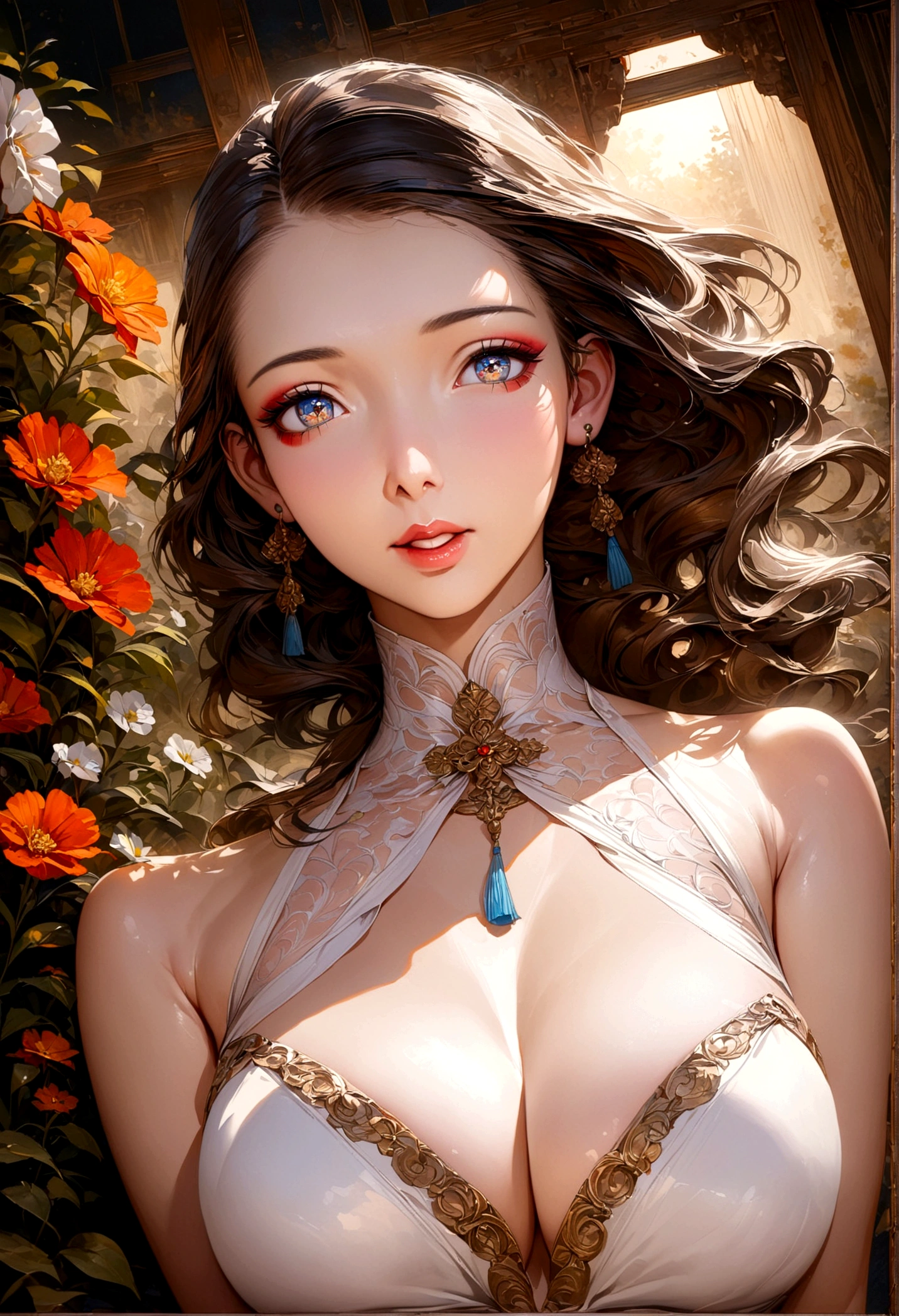 a cute woman, ornate asian dress, split up the thighs, powder white body make up, asian style face makeup, aloof, checking her flower garden, detailed eyes, detailed lips, extremely detailed face, long eyelashes, 1girl, digital illustration, oil painting, 8k, high quality, hyper detailed, photorealistic, studio lighting, physically based rendering, vivid colors, vibrant colors, elegant, refined, graceful, serene, tranquil, peaceful, portrait, asian inspired