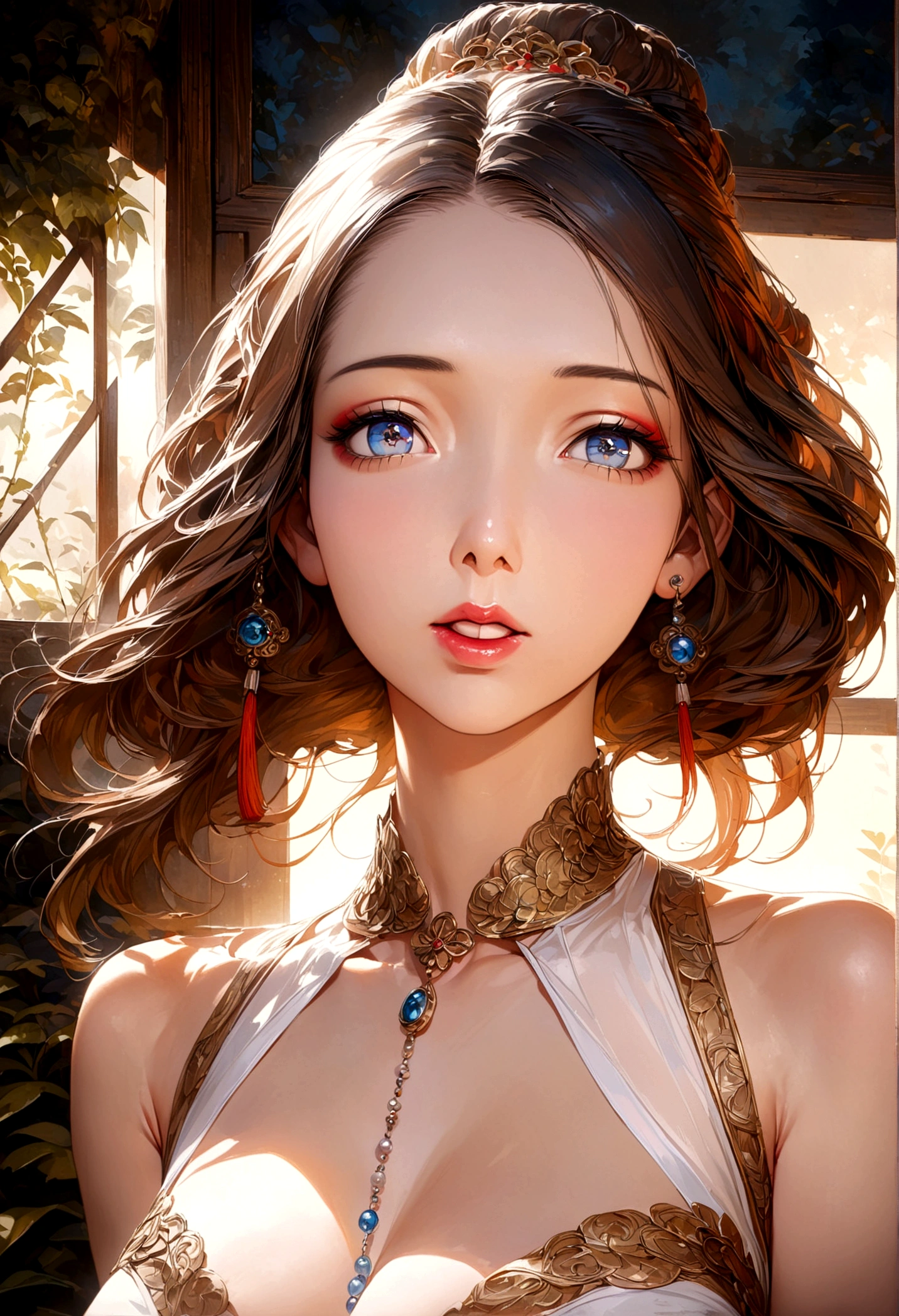 a cute woman, ornate asian dress, split up the thighs, powder white body make up, asian style face makeup, aloof, checking her flower garden, detailed eyes, detailed lips, extremely detailed face, long eyelashes, 1girl, digital illustration, oil painting, 8k, high quality, hyper detailed, photorealistic, studio lighting, physically based rendering, vivid colors, vibrant colors, elegant, refined, graceful, serene, tranquil, peaceful, portrait, asian inspired