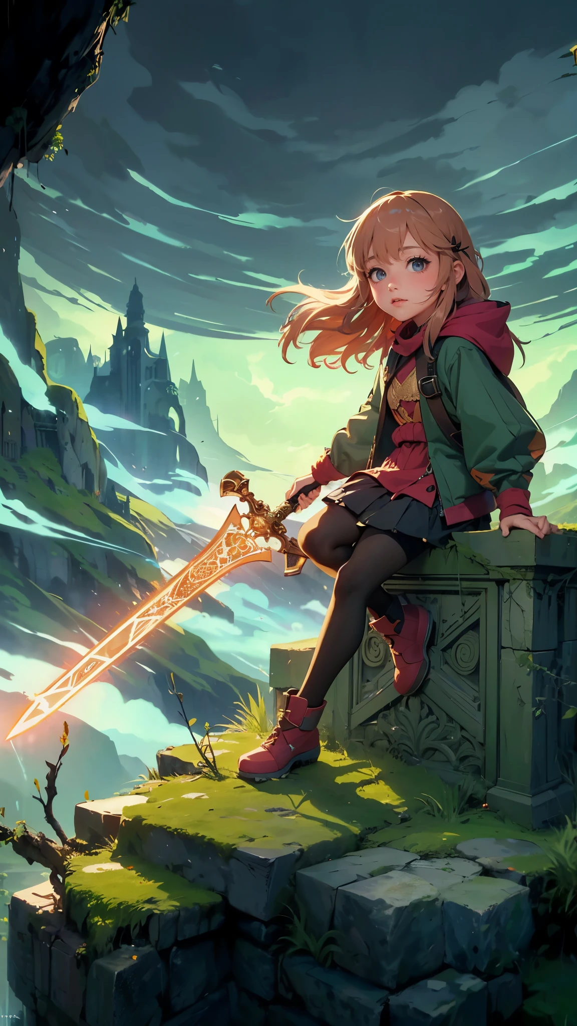 ager girl with a glowing ancestral longsword, confidently perched on a moss-covered stone archway overlooking a misty mountain range. Fantasy, dramatic lighting, cinematic composition, ((glowing ancestral longsword)), ((cute anime face)), girl, detailed facial features, long eyelashes, intricate details, volumetric lighting, dramatic shadows, vibrant colors, epic scale, (best quality,4k,8k,highres,masterpiece:1.2),ultra-detailed,(realistic,photorealistic,photo-realistic:1.37),HDR,UHD,studio lighting,ultra-fine painting,sharp focus,physically-based rendering,extreme detail description,professional,vivid colors,bokeh