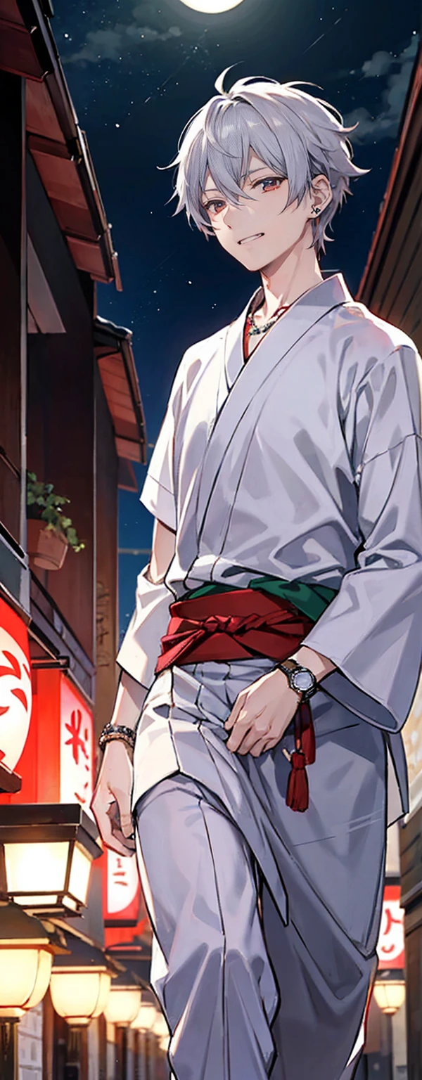 High resolution, High resolution,2D Anime Style,,Cool guy,Mature,,20th generation,short hair,Silver Hair,Red eyes,Beautiful Watches,Beautiful earrings,Beautiful Necklace,Cool Yukata,He is laughing a little,night,walking,festival