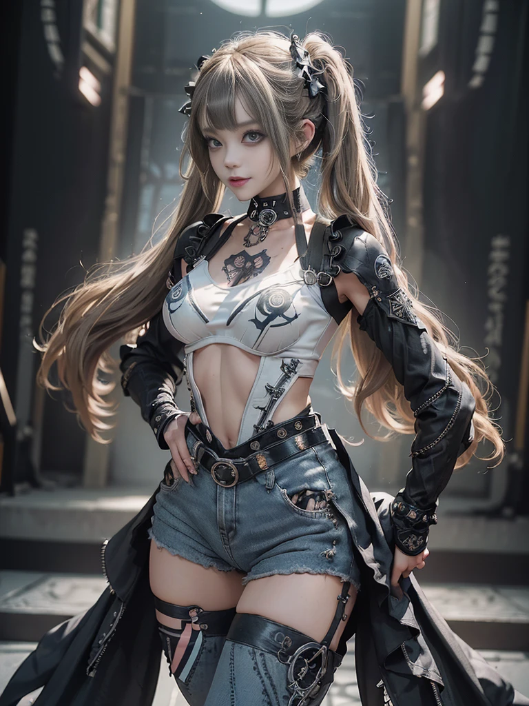 (Full Body View:1.4)、(Side view:1.1)、(Smiling with teeth showing:1.3),(Shibuya Gal:1.5)、(Gothic Lolita style fashion:1.5)、(Punk RockVisual Kei:1.5)、(Wearing a rhythmic gymnastics bodysuit with intricate details:1.4)、(Racing suit and pants with intricate decorations in white, denim and charcoal:1.5)、(Denim and light blue and white boots:1.3)、((belt))、(Numerous delicate logo marks all over the costume:1.4)、(collar:1.3)、(Striped underwear:1.5)、20-year-old、NSFW、((Highest quality、In 8K、masterpiece:1.3))、Sharp focus:1.2、(Layered Cut、Huge boobs:1.1),Beautiful woman with perfect figure:1.4、(Dancing vigorously:1.3)、Slender Abs:1.2、Highly detailed face and skin texture、Detailed eyes、double eyelid,(Twin tails:1.3)、(Brown-golden hair:1.3)、Gravure idol、(The background is the stage of the fashion show:1.3)、(Slim body:1.3),(Make your legs thinner:1.4),(clavicle:1.1)、(Thin and slim thighs:1.3)