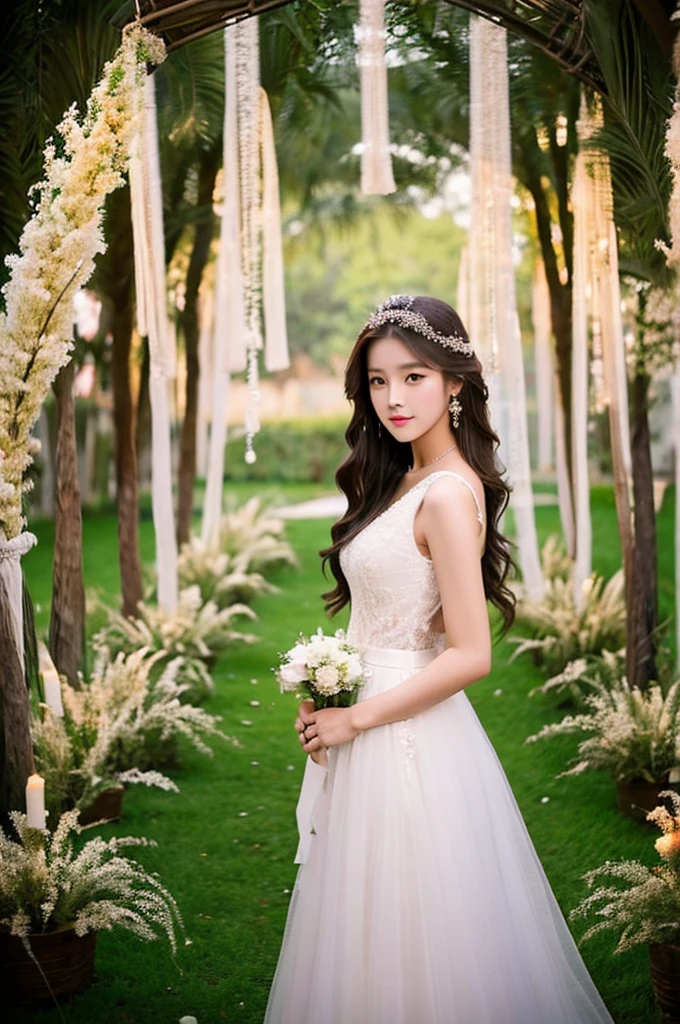 Generate an image of an extraordinarily beautiful 20-year-old Asian woman standing alone, whose beauty rivals that of a goddess of the fire element. She has large brown eyes, dark brown hair, glowing skin, and a captivating appearance. She is wearing a stunning white wedding dress that accentuates her elegance. The woman stands charmingly alone, her beauty appearing as if blessed by nature, in a very romantic and lovely aisle adorned with flowers and soft lighting, exuding a magical and serene atmosphere.