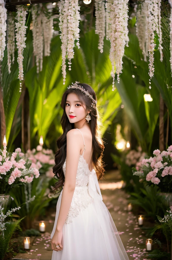 Generate an image of an extraordinarily beautiful 20-year-old Asian woman standing alone, whose beauty rivals that of a goddess of the fire element. She has large brown eyes, dark brown hair, glowing skin, and a captivating appearance. She is wearing a stunning white wedding dress that accentuates her elegance. The woman stands charmingly alone, her beauty appearing as if blessed by nature, in a very romantic and lovely aisle adorned with flowers and soft lighting, exuding a magical and serene atmosphere.