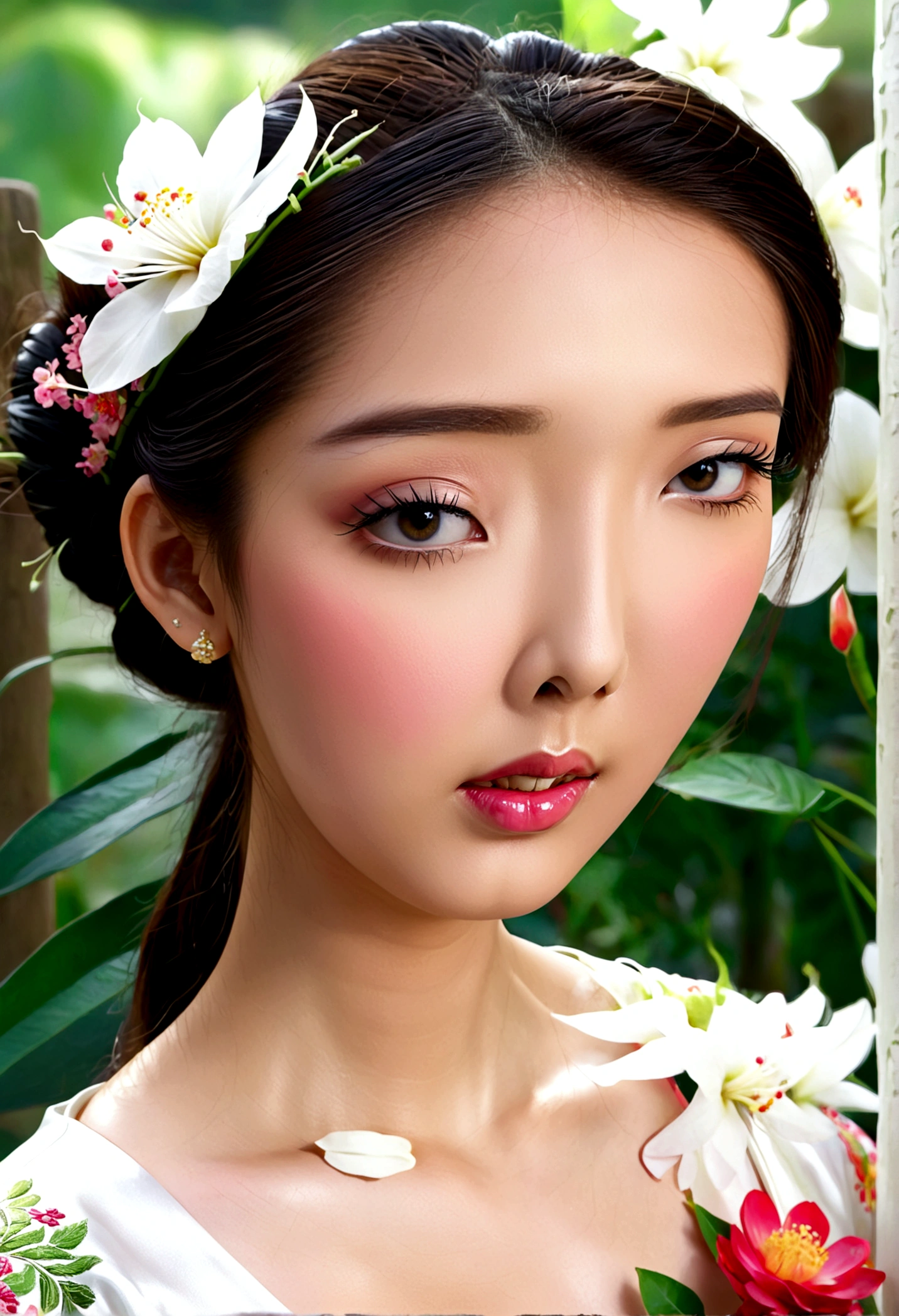 a cute woman, ornate asian dress, split up the thighs, powder white body make up, asian style face makeup, aloof, checking her flower garden, detailed eyes, detailed lips, extremely detailed face, long eyelashes, 1girl, digital illustration, oil painting, 8k, high quality, hyper detailed, photorealistic, studio lighting, physically based rendering, vivid colors, vibrant colors, elegant, refined, graceful, serene, tranquil, peaceful, portrait, asian inspired
