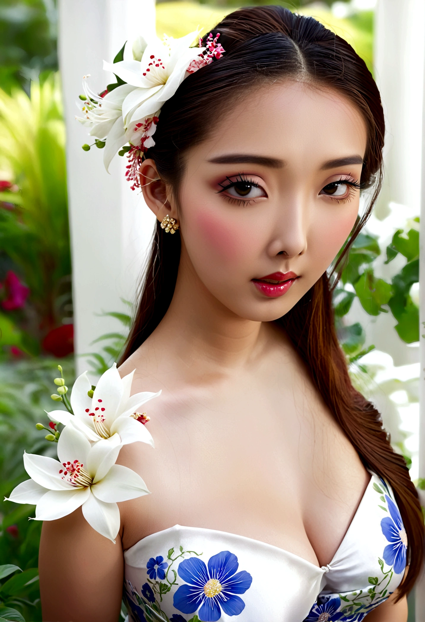 a cute woman, ornate asian dress, split up the thighs, powder white body make up, asian style face makeup, aloof, checking her flower garden, detailed eyes, detailed lips, extremely detailed face, long eyelashes, 1girl, digital illustration, oil painting, 8k, high quality, hyper detailed, photorealistic, studio lighting, physically based rendering, vivid colors, vibrant colors, elegant, refined, graceful, serene, tranquil, peaceful, portrait, asian inspired