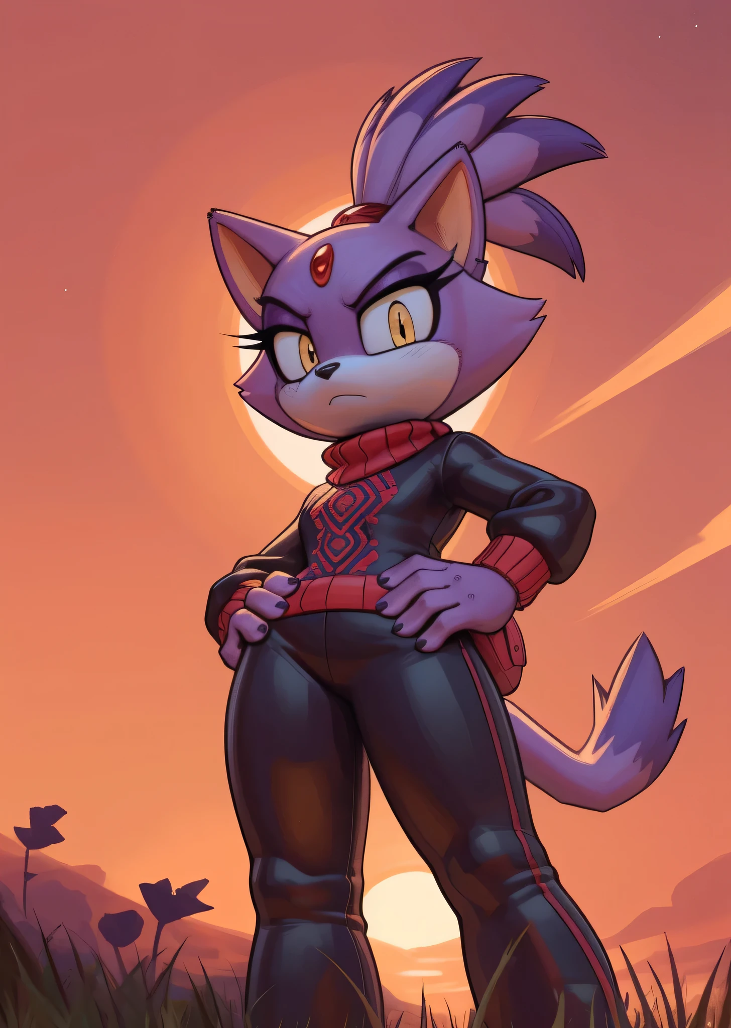 [Blaze the cat], [Uploaded to e621.net; (Pixelsketcher), (wamudraws)], ((masterpiece)), ((HD)), ((High res)), ((solo portrait)), ((front view)), ((lower-angle view)), ((low angle view)), ((feet visible)), ((detailed fur)), ((detailed shading)), ((cel shading)), ((beautiful render art)), ((intricate details)), {anthro, purple fur, black nose, cat ears, (cute yellow eyes), (red gem on forehead), long tail, (tied-up hair), (curvy hips), (beautiful legs), (angry), (intimidating expression)}, {red turtleneck sweater, tight yoga pants}, {(standing), (hand on hip), (glaring at viewer)}, [background; (woods), (spruce trees), (grass plains), (street lights), (sunrise), (sun rays), (starry sky), (ambient lighting)]