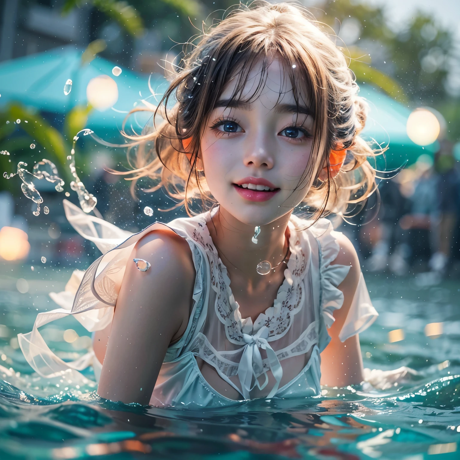 (8K TopQuality masterpiece: 1.2)(Realistic ProfessionalPhoto:1.37), VolumetricLighting. Tiny Girls, girl jumping into the water、Falling、splash water、shout、Luminous water surface、White and Bright colors, back lighting, Radiant PearlSkin, sparkling highlights, Detailed KAWAII face with cute lips, long eyelashes, Delicate clothes, Detailed open crotch