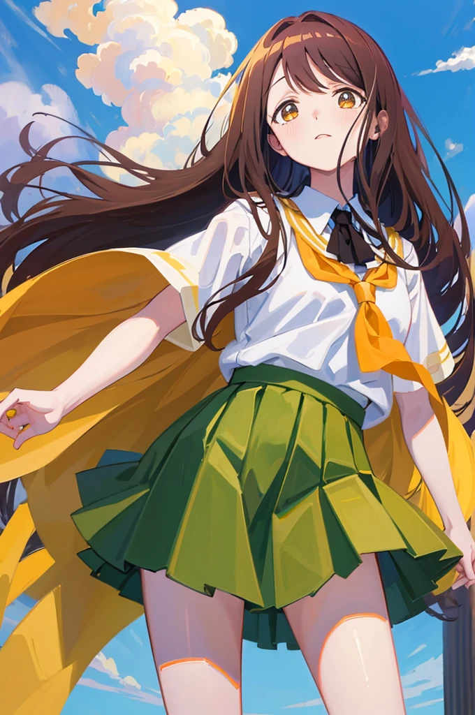 (masterpiece, Highest quality:1.2), One girl, alone,Are standing_Split, 
Yuki mandarin orange, Brown eyes, Brown Hair, hair ornaments,Long Hair,Green Check Skirt, Sainan High , , White shirt, Yellow sweater vest,No panties

