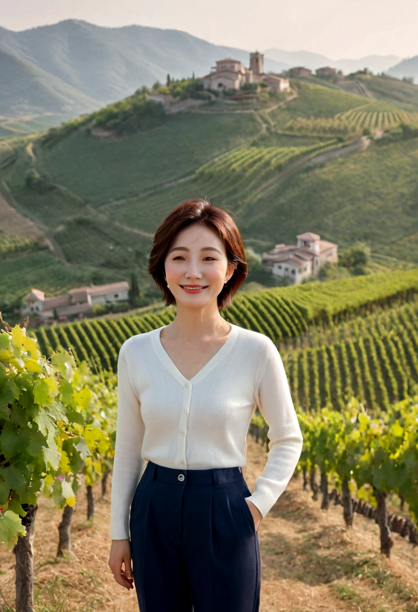 8k best picture quality, Beautiful 36-year-old Korean woman, I have good skin and clear and pretty eyes.. clear and nice weather. Chest size 34 inches, italian countryside, past the vineyard, The cathedral is visible in the fog in the distance., The back background is realistic and vivid image quality, Short and medium hair blowing in the wind, Wearing high-end luxury knitwear. casual pants, Hold both hands in front and smile. the background is clear, Short and slim Korean woman, stand far away, Photo taken with a wide-angle lens, Standing on a hill overlooking vineyards. 1 woman