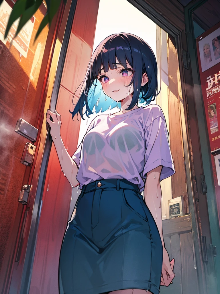 1girl, from below, smile, pretty, black hair, cowboy shot, (buruma:1.8), (Pink T-shirt), Bamboo leaf, Tanabata, milky way, Strip, (Blunt bangs:1.4), (VEGA), (Sweaty:1.6), (Wet Hair:1.4)