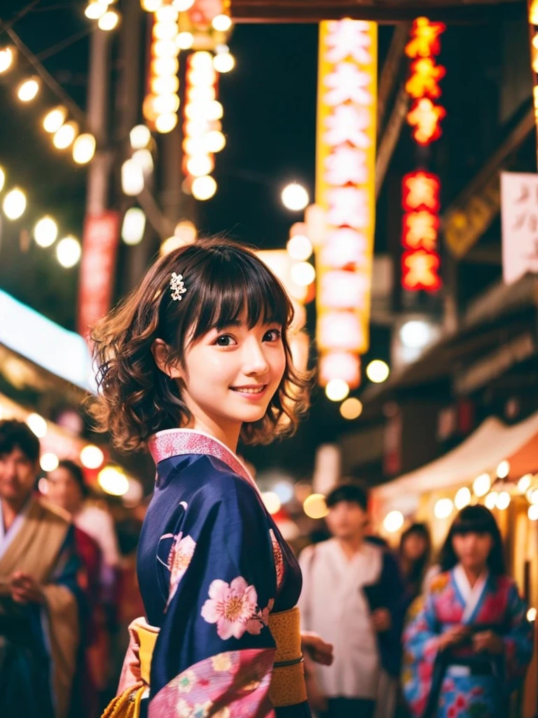 Image quality:best quality
Camera Focus: blur background
light:Side light
composition:Rule of ThirdsPeople:20 years old woman,Japanese,actress
pose: walking background: stall、festival、night
hairdo: Short Bob、With bangs
Dress:Kimono Expression: happy