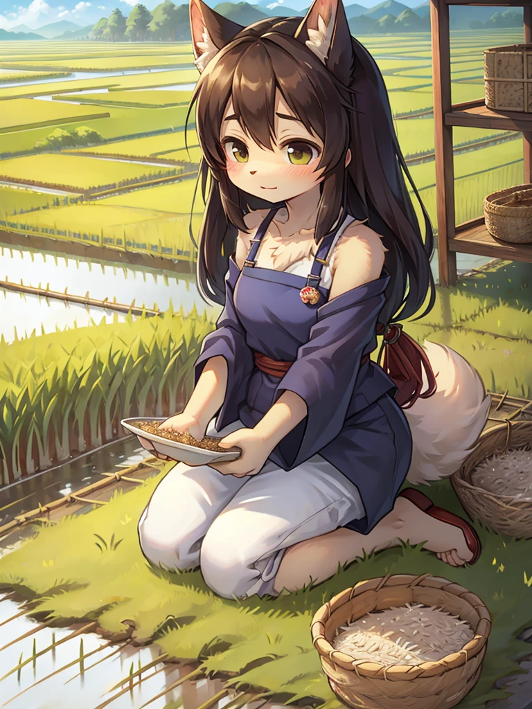 Fertility Goddess , Disheveled Japanese Farm work clothes , Original Japanese Landscape , Rice Field , Planting rice