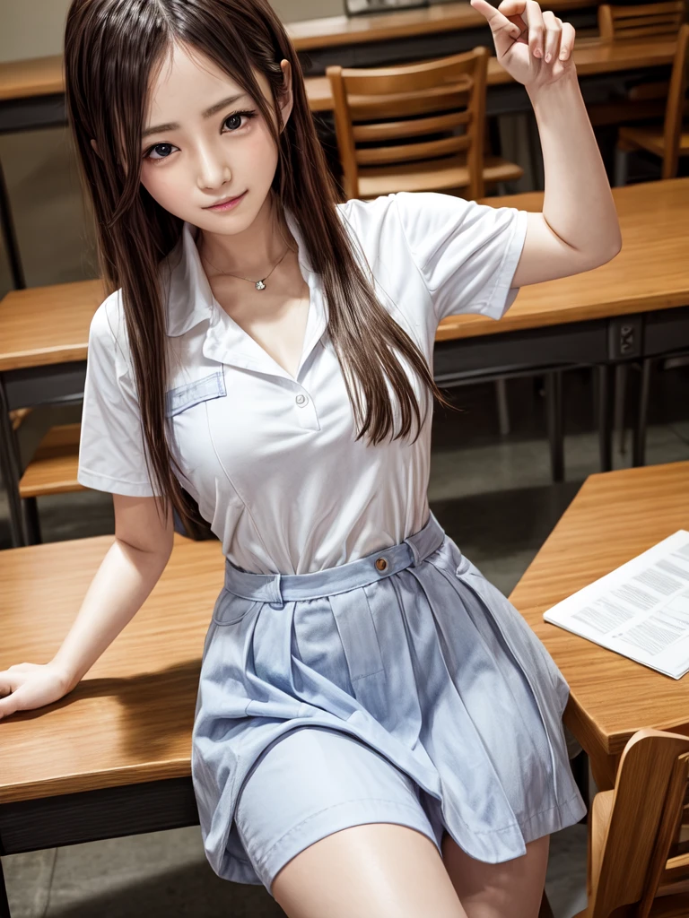 (8K, Highest quality, Pieces fly:1.2)、Ultra-high resolution、anime,1 very pretty girl,Asuka Langley,Highly detailed face, Fine grain,blue eyes,,White sailor collar plain short sleeve shirt,Light blue skirt,Light Blue Suspenders,uniform_Red ribbon,Orange Hair,Long Hair、Detailed hand and fingers,put your hands in your hair,Grin、sitting on desk,Shooting from above,classroom
