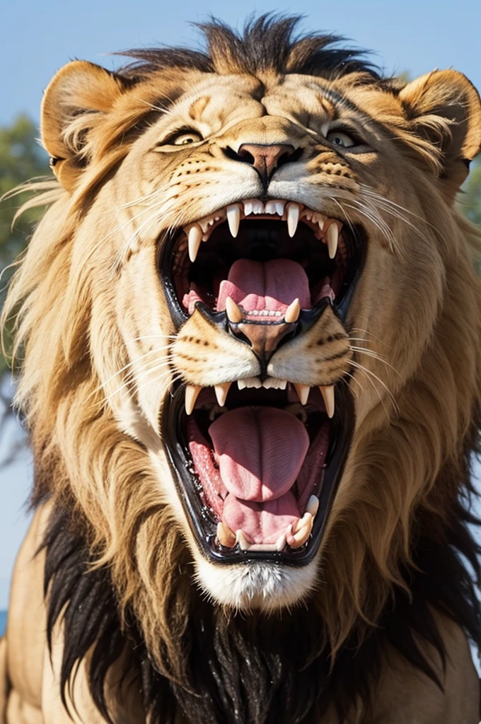 Look of a lion with open mouth grinding its teeth