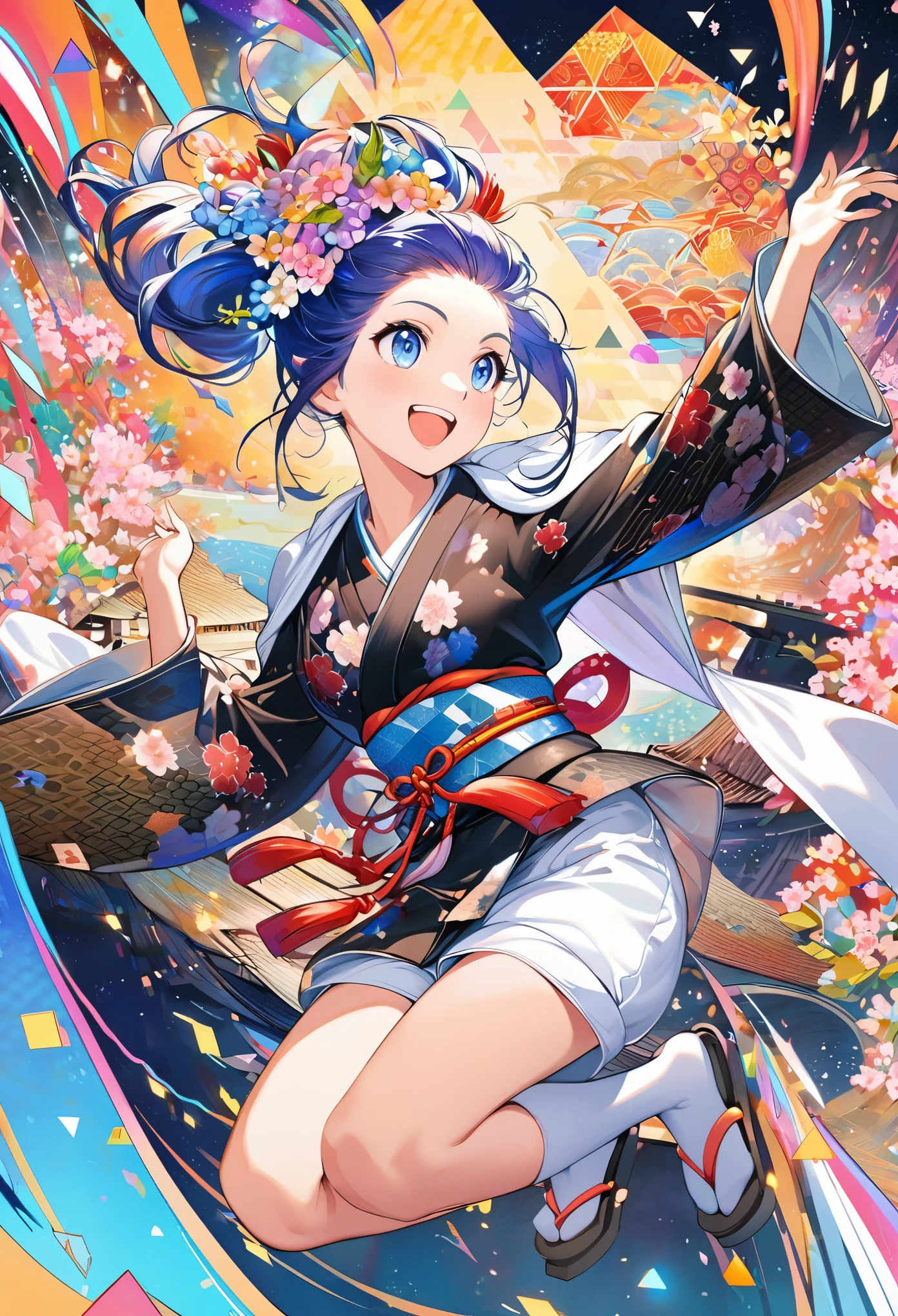 dynamic dancing moves with full of energy and movement, jumping high, full body portrait, happy expression, Japanese festival, with lively action poses, Positive Space, asymmetry, dynamic angle, A detailed illustration of an anime girl with blue eyes wearing a black kimono with Japanese patterns, wearing white cloak white shorts, black tube-top, She has white long hair tied back by a flower hair ornament, with colorful deep blue, black, pink, gold and white colors, surrounded by hexagons with various patterns and textures, Japanese Ancient bridge, happy expression, A black and white checkered pattern background surrounded by hexagons with various patterns in background, floral designs, and geometric shapes, In the background there are some sakura trees., cartoon character design, this is a full body portrait in vibrant colors, colorful illustrations, highly detailed, high resolution, in the style of digital painting, natural lighting,