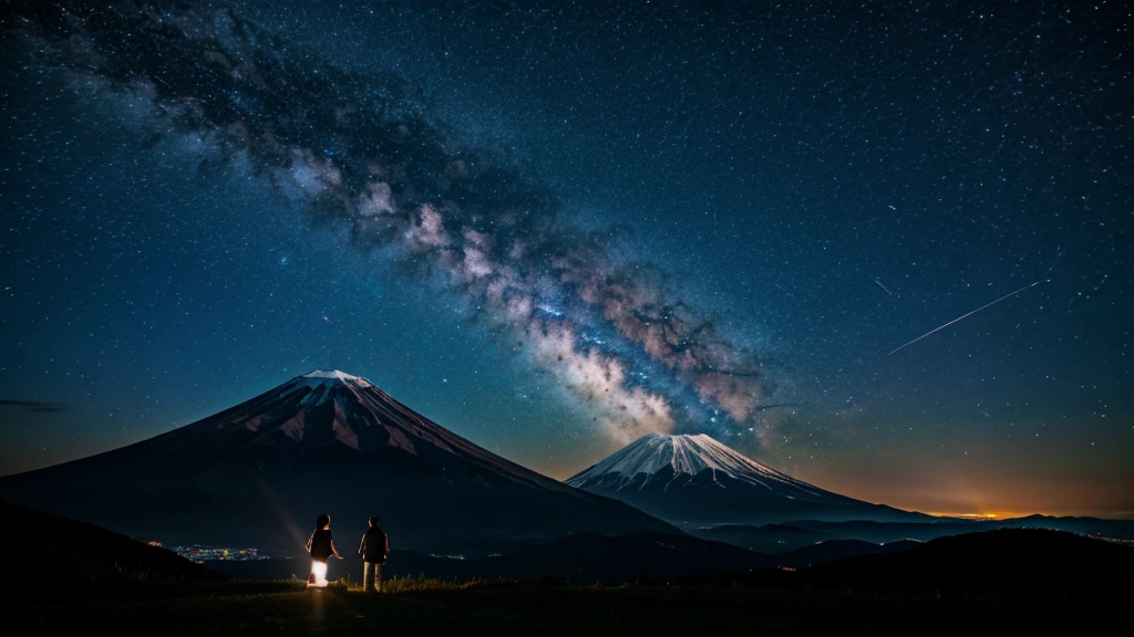 Two silhouettes watch、The Milky Way over Mount Fuji