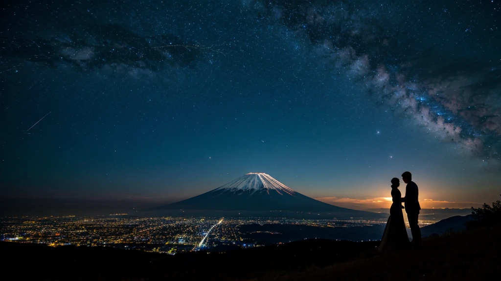 Two silhouettes watch、The Milky Way over Mount Fuji