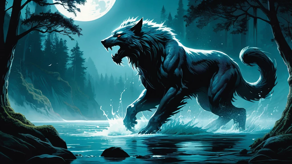 a powerful lycan standing in a river, capturing a moment of primal intensity and raw beauty. The river, nestled within a dark, ancient forest, flows swiftly with crystal-clear water that reflects the moonlight, creating shimmering patterns on the surface. The surrounding trees, with their gnarled branches and dense foliage, add to the mystical and foreboding atmosphere.
The lycan, with its muscular and imposing form, is partially submerged in the river, water cascading around its fur-covered legs. Its eyes, glowing with a fierce and otherworldly light, pierce through the darkness, conveying a mix of predatory instinct and intelligence. The creature’s fur is wet, clinging to its powerful frame, accentuating its formidable presence.
The moon, full and luminous, hangs high in the night sky, casting a silvery glow over the scene. Mist rises from the river’s surface, adding an ethereal quality to the setting. The lycan’s claws dig into the riverbed, and its posture is both tense and alert, as if it senses an unseen threat or is about to leap into action.
The surrounding forest is dense and shadowy, with only glimpses of the rugged terrain visible beyond the river’s edge. The sounds of the night—rustling leaves, distant animal calls, and the steady flow of the river—create a backdrop of wilderness and untamed nature.
This image captures a moment of intense and primal connection between the lycan and its environment, evoking themes of power, mystery, and the untamed beauty of a dark medieval fantasy world.