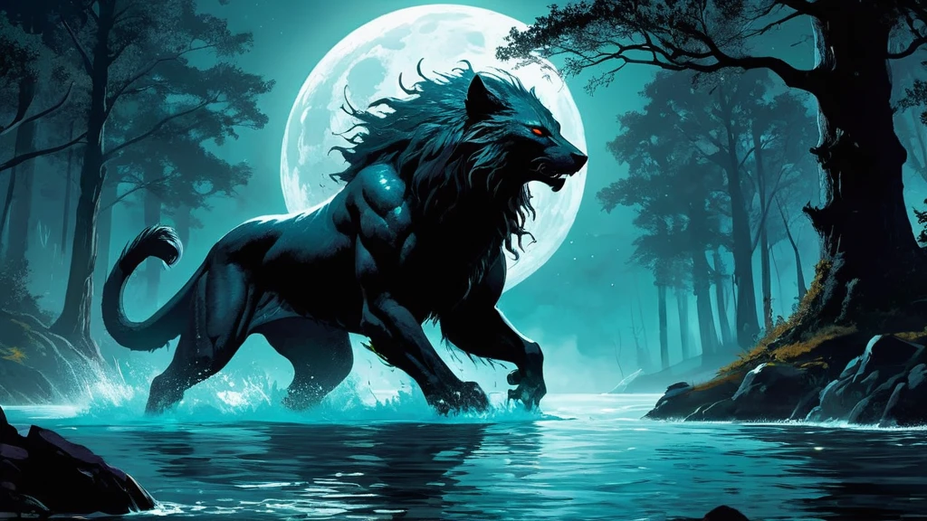 a powerful lycan standing in a river, capturing a moment of primal intensity and raw beauty. The river, nestled within a dark, ancient forest, flows swiftly with crystal-clear water that reflects the moonlight, creating shimmering patterns on the surface. The surrounding trees, with their gnarled branches and dense foliage, add to the mystical and foreboding atmosphere.
The lycan, with its muscular and imposing form, is partially submerged in the river, water cascading around its fur-covered legs. Its eyes, glowing with a fierce and otherworldly light, pierce through the darkness, conveying a mix of predatory instinct and intelligence. The creature’s fur is wet, clinging to its powerful frame, accentuating its formidable presence.
The moon, full and luminous, hangs high in the night sky, casting a silvery glow over the scene. Mist rises from the river’s surface, adding an ethereal quality to the setting. The lycan’s claws dig into the riverbed, and its posture is both tense and alert, as if it senses an unseen threat or is about to leap into action.
The surrounding forest is dense and shadowy, with only glimpses of the rugged terrain visible beyond the river’s edge. The sounds of the night—rustling leaves, distant animal calls, and the steady flow of the river—create a backdrop of wilderness and untamed nature.
This image captures a moment of intense and primal connection between the lycan and its environment, evoking themes of power, mystery, and the untamed beauty of a dark medieval fantasy world.