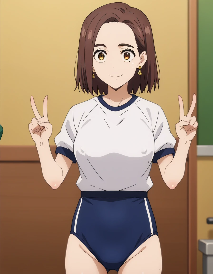 score_9, score_8_up, score_7_up, score_6_up, score_5_up, score_4_up, BREAK, source_anime, anime screencap, anime coloring, 1girl, solo, perfect anatomy, TachibanaKotoha, brown hair, medium hair, forehead, amber eyes, hair behind ear, earrings, mole under eye, lite smile, looking at viewer, navel, (skintight, very tight gym uniform, short sleeves, white shirt, shirt-in, under sized micro blue buruma, zettai ryouiki white thighhighs), sagging huge_breasts, tarechichi, erect nipples, thigh gap, indoor, double v, standing, skinny, (unshaven hairy natural public hair:1.3)