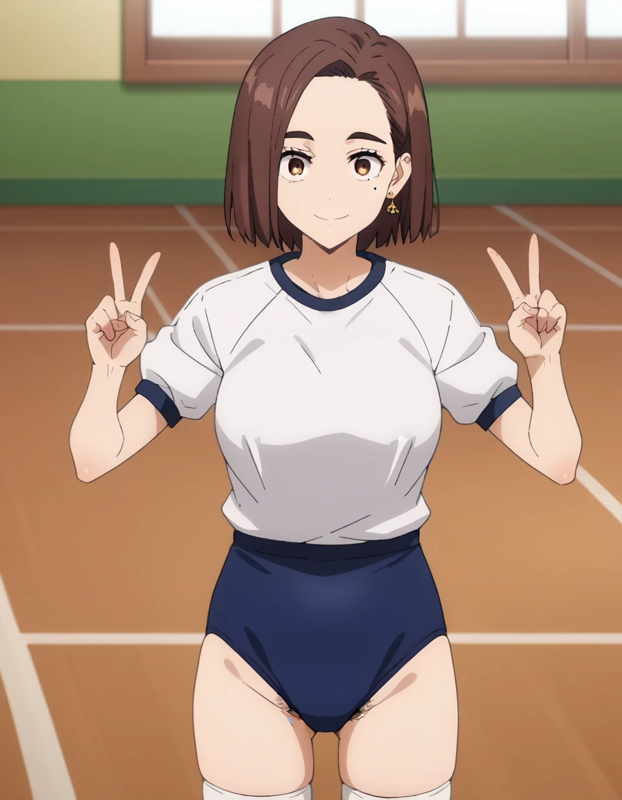 score_9, score_8_up, score_7_up, score_6_up, score_5_up, score_4_up, BREAK, source_anime, anime screencap, anime coloring, 1girl, solo, perfect anatomy, TachibanaKotoha, brown hair, medium hair, forehead, amber eyes, hair behind ear, earrings, mole under eye, lite smile, looking at viewer, navel, (skintight, very tight gym uniform, short sleeves, white shirt, shirt-in, under sized micro blue buruma, zettai ryouiki white thighhighs), sagging huge_breasts, tarechichi, erect nipples, thigh gap, indoor, double v, standing, skinny, (unshaven hairy natural public hair:1.3)