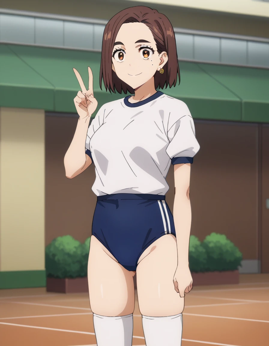 score_9, score_8_up, score_7_up, score_6_up, score_5_up, score_4_up, BREAK, source_anime, anime screencap, anime coloring, 1girl, solo, perfect anatomy, TachibanaKotoha, brown hair, medium hair, forehead, amber eyes, hair behind ear, earrings, mole under eye, lite smile, looking at viewer, navel, (skintight, very tight gym uniform, short sleeves, white shirt, shirt-in, under sized micro blue buruma, zettai ryouiki white thighhighs), sagging huge_breasts, tarechichi, erect nipples, thigh gap, indoor, double v, standing, skinny, (unshaven hairy natural public hair:1.3)