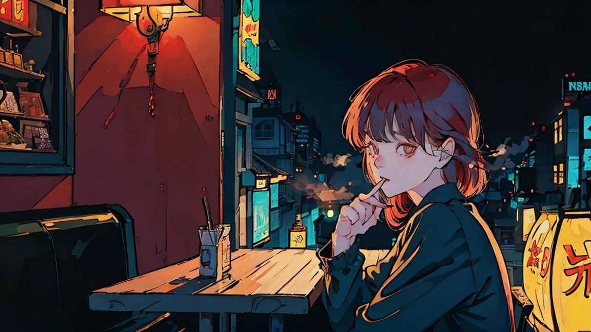Beautiful redhead Asian girl sitting alone in a restaurant at night, visible from the window, perfect face, sunglasses, Smoke a cigarette, neon black, (backlight: 1.1), solid shadow, masterpiece, best quality, complicated, model shooting style, vintage, film grain,Hold a cigarette,cigarette