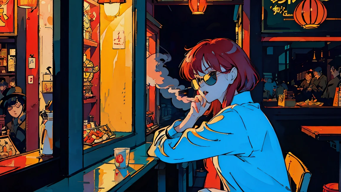 Beautiful redhead Asian girl sitting alone in a restaurant at night, visible from the window, perfect face, sunglasses, Smoke a cigarette, neon black, (backlight: 1.1), solid shadow, masterpiece, best quality, complicated, model shooting style, vintage, film grain,Hold a cigarette,cigarette