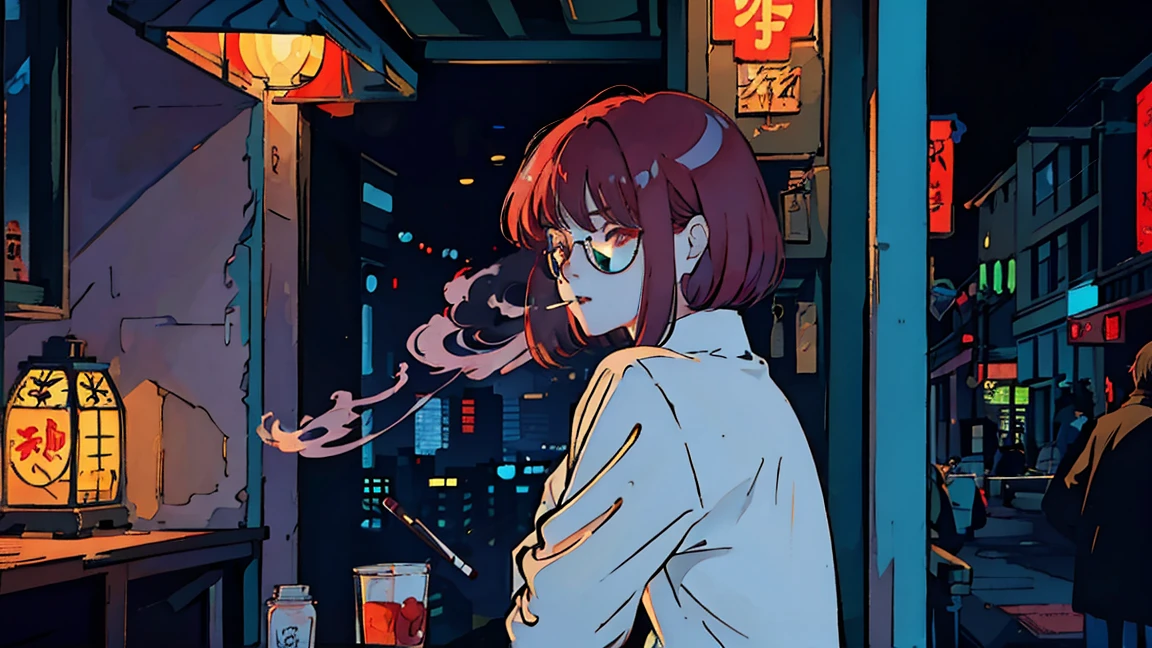 Beautiful redhead Asian girl sitting alone in a restaurant at night, visible from the window, perfect face, sunglasses, Smoke a cigarette, neon black, (backlight: 1.1), solid shadow, masterpiece, best quality, complicated, model shooting style, vintage, film grain,Hold a cigarette,cigarette